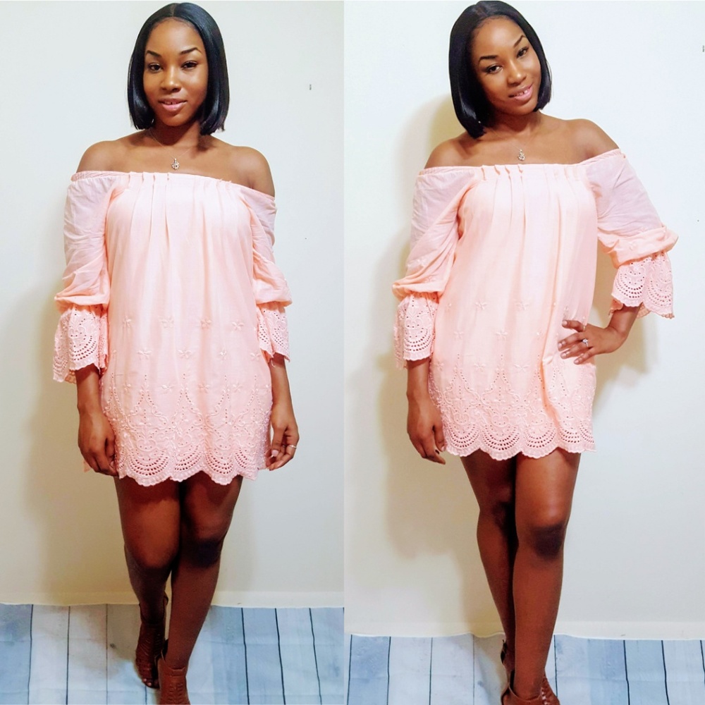 Bell sleeve off shoulder eyelet dress